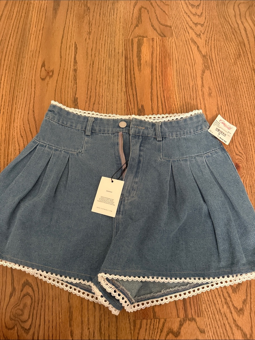 MARBLE Blue Denim Lace-Trim Pleated High-Waist Shorts